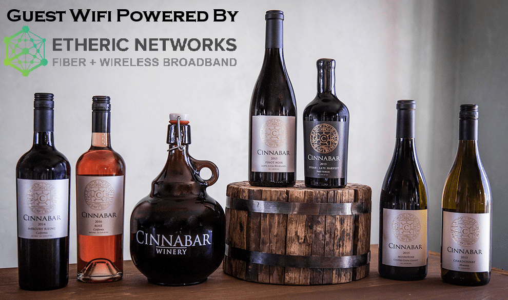 Cinnabar winery bottles with Etheric Networks promotion.